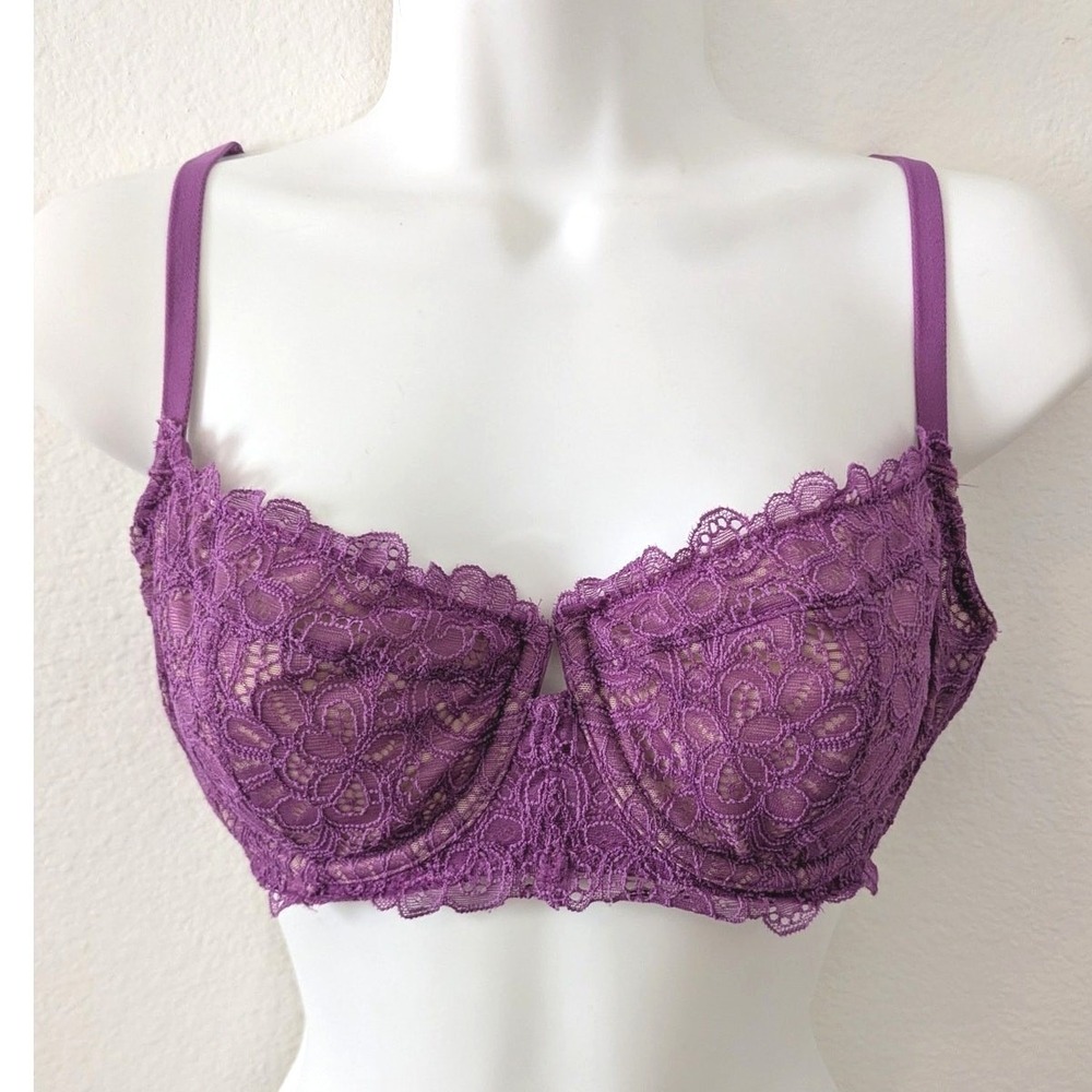 SOMA Purple Lace Unlined Balconette Bra Underwire Coquette Feminine Sz 36B
